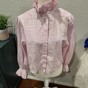 Pink striped whimsy fairy Koch brand Ruffled Women's cropped blouse size M